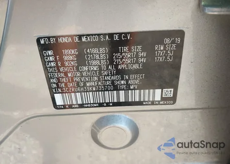 2019 Honda Hr-V Lx z USA, uszkodzony, nr VIN 3CZRU6H39KM735700